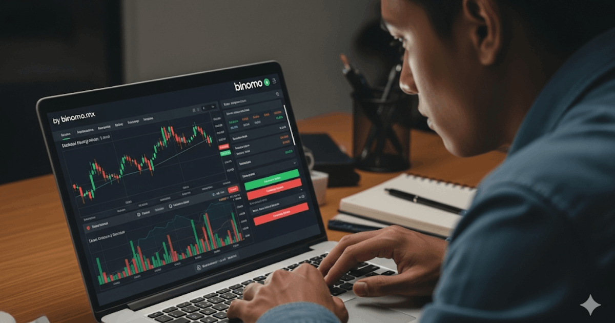 Seseorang sedang fokus belajar antarmuka platform Binomo di laptopnya.