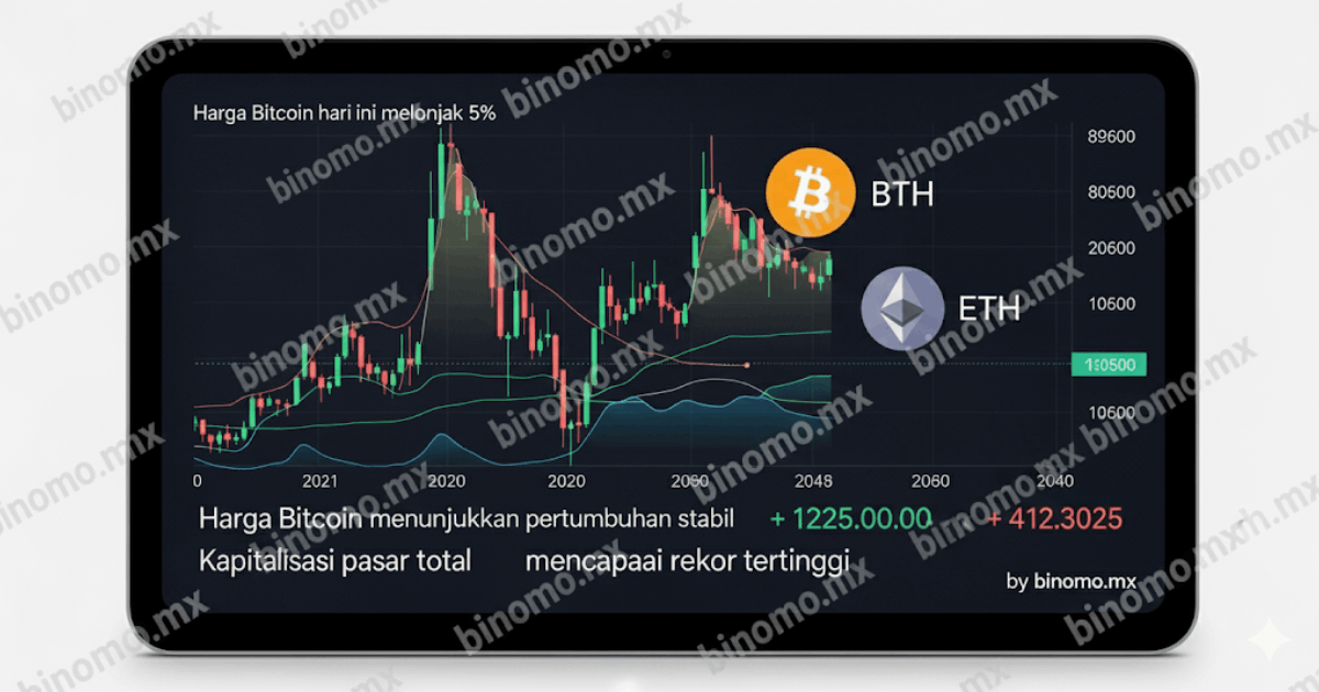 Grafik harga cryptocurrency di layar digital dengan ikon Bitcoin dan Ethereum.