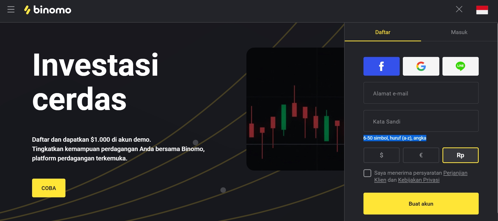 Tampilan pilihan aset trading di platform Binomo