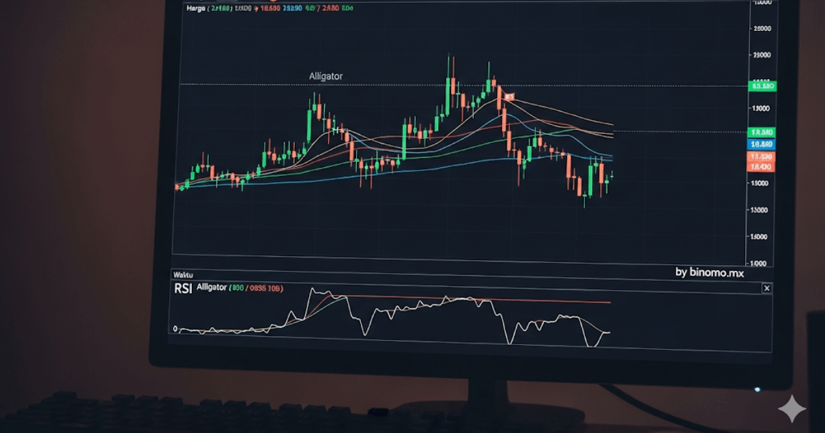 Grafik trading menampilkan indikator Alligator dan RSI